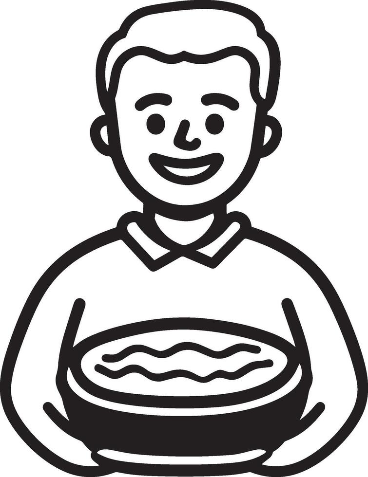 Smiling senior man holding pumpkin pie clean simple icon outline black vector