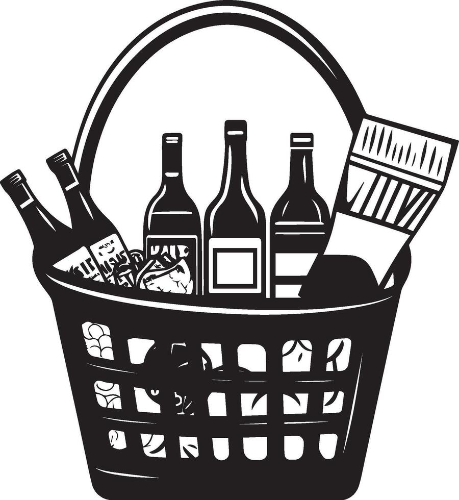 a basket full of wine and food items vector