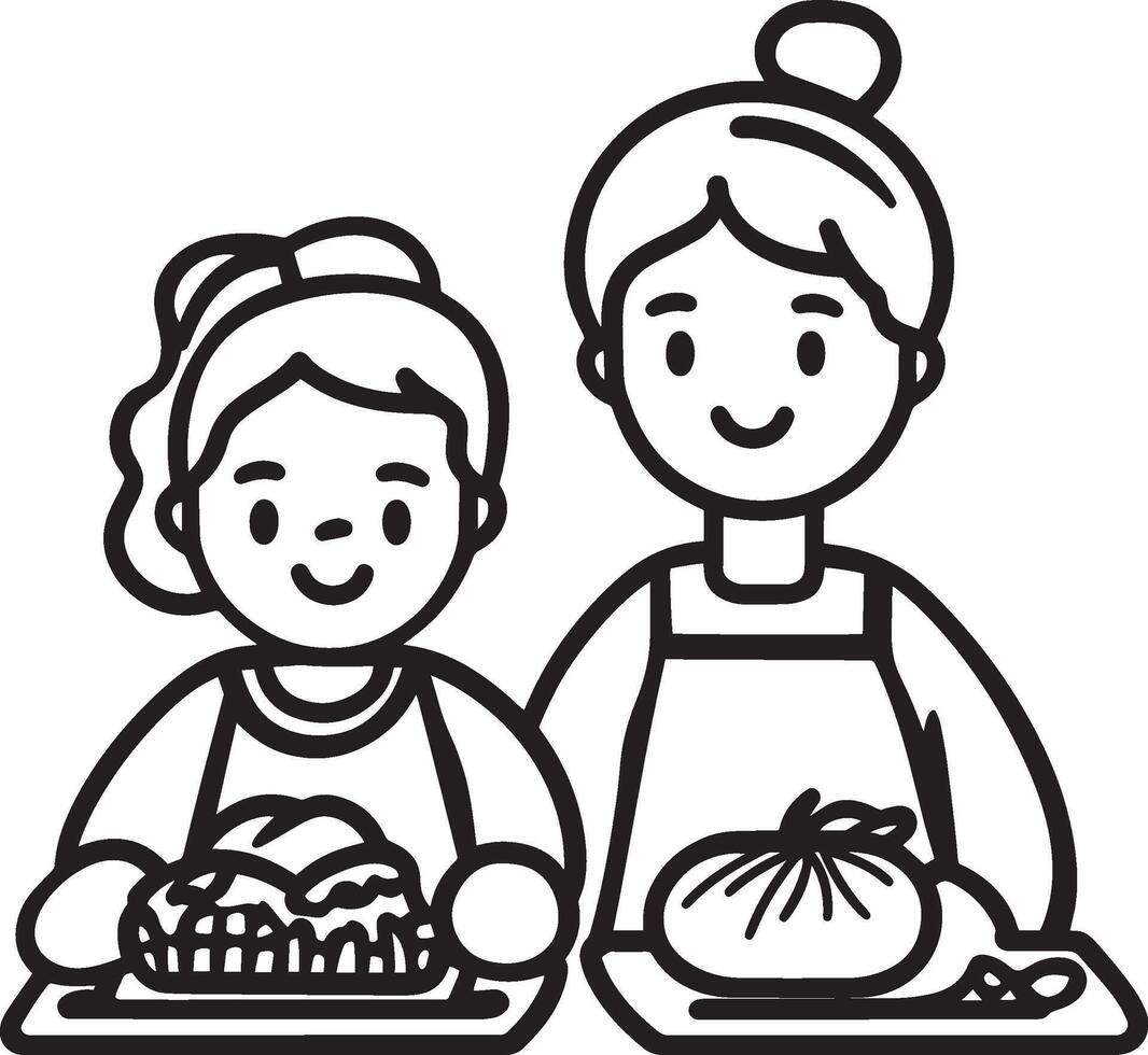 Happy grandmother and granddaughter celebrating thanksgiving clean simple icon outline black vector