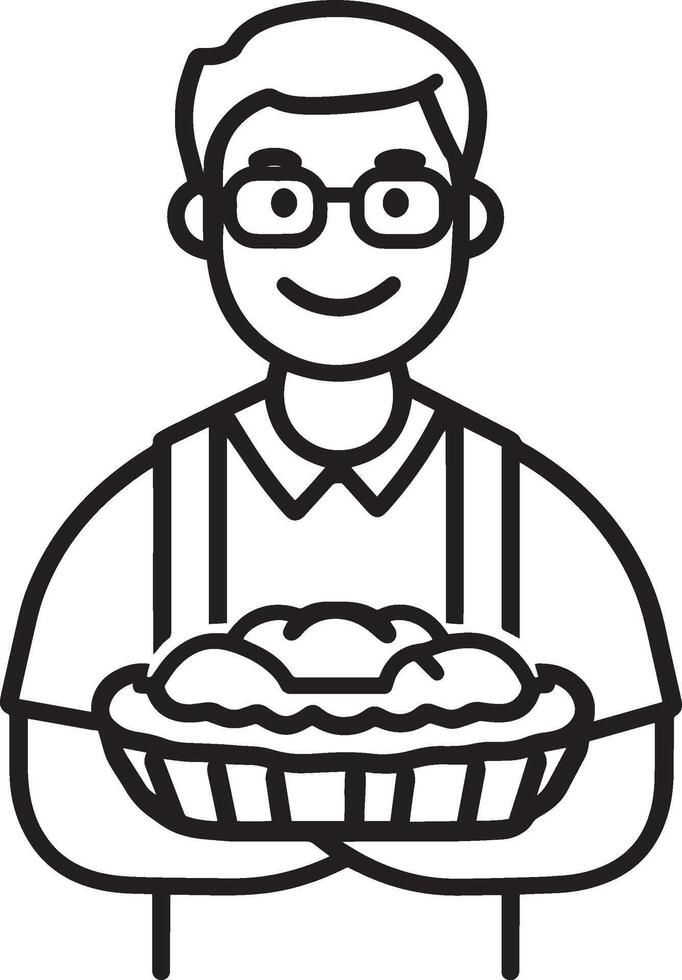 Smiling senior man holding pumpkin pie clean simple icon outline black vector