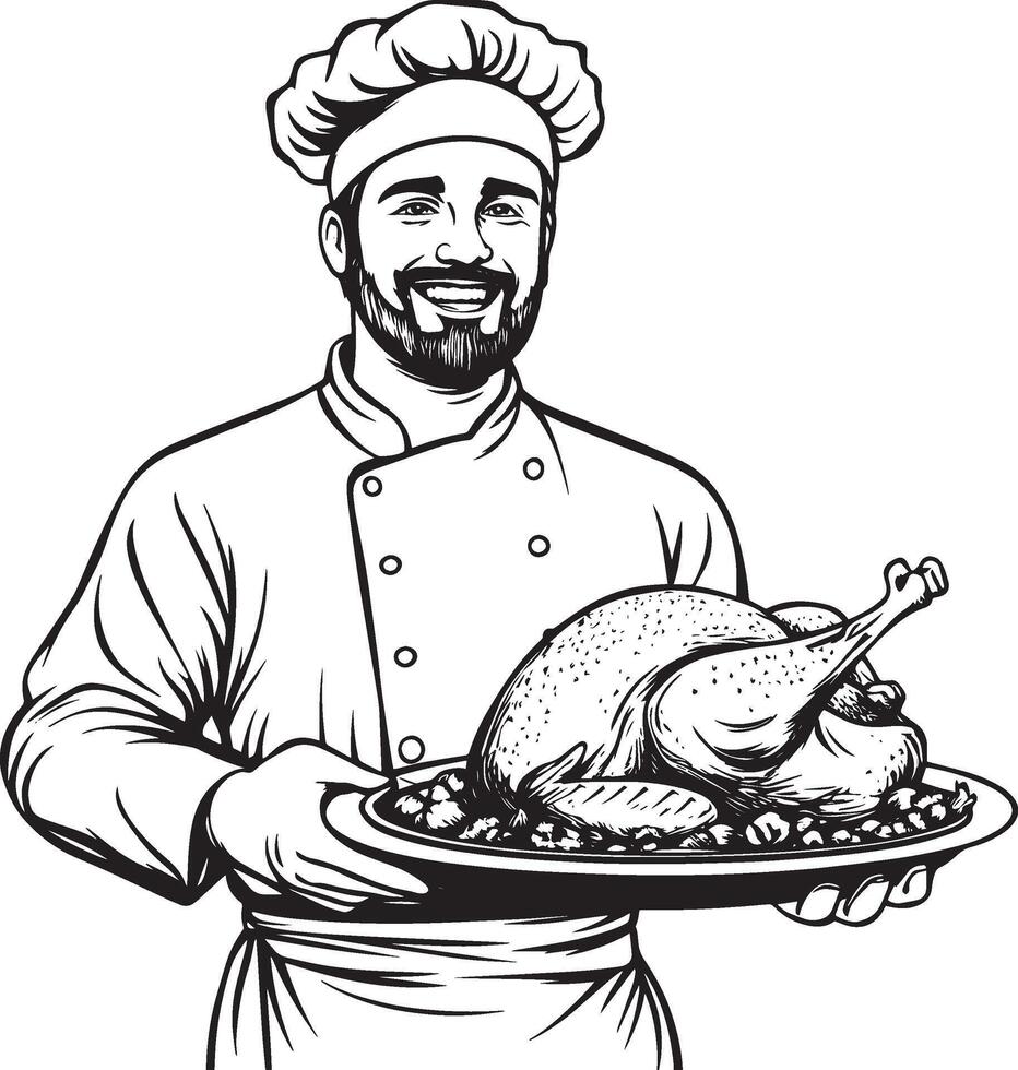 Smiling chef holding a tray with roasted turkey for thanksgiving clean simple linear outline black vector