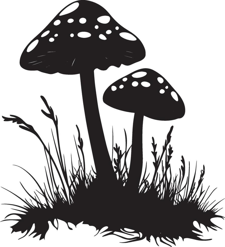 Red fly agarics in green moss clean simple silhouette black vector