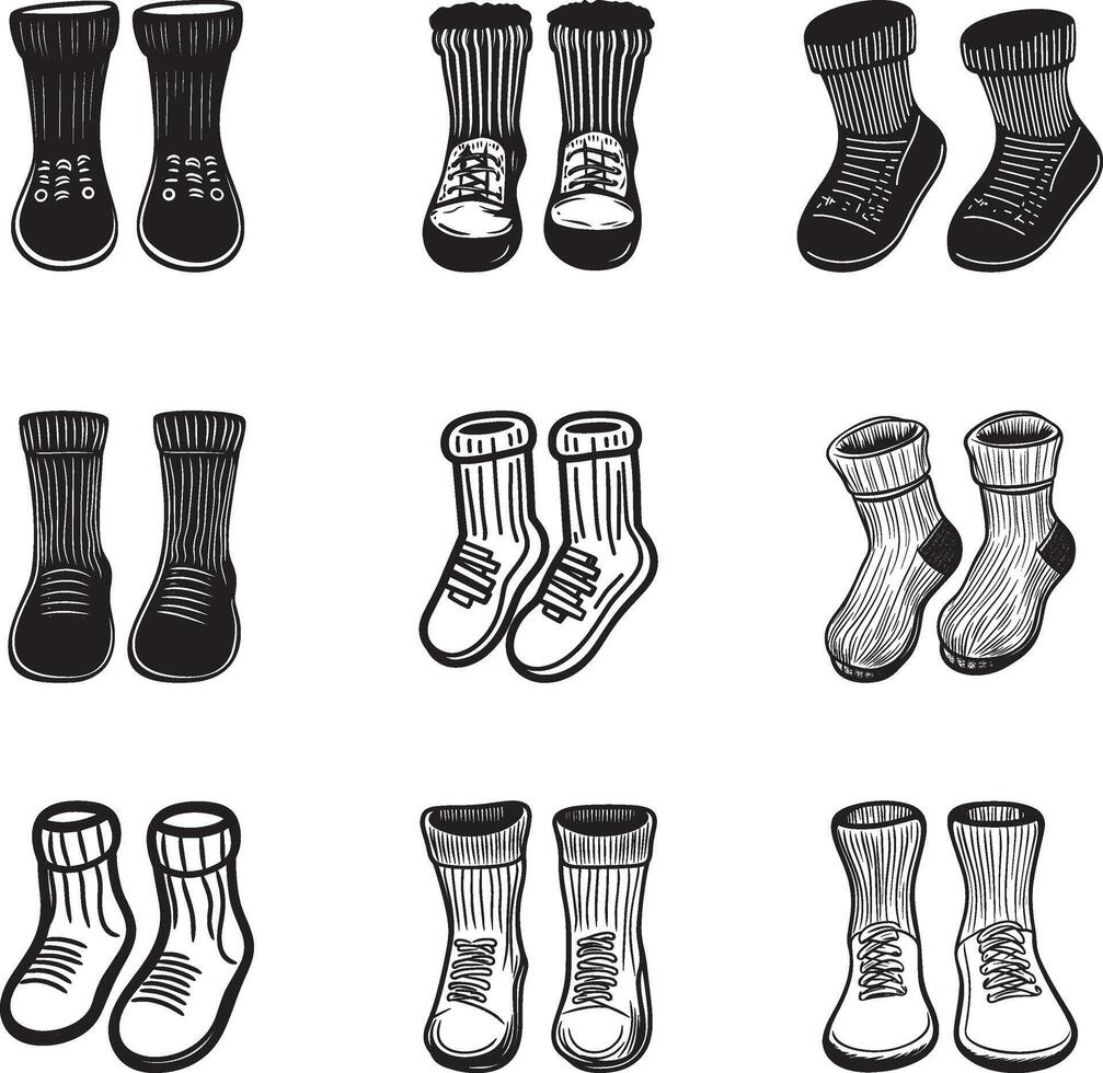 Collection of Pair of woolen socks clean simple silhouette black vector