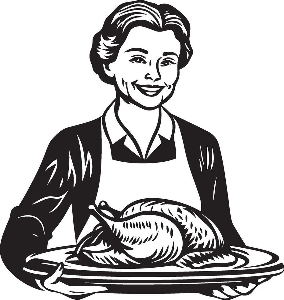Smiling senior woman holding a tray with roasted turkey for thanksgiving clean simple icon outline black vector