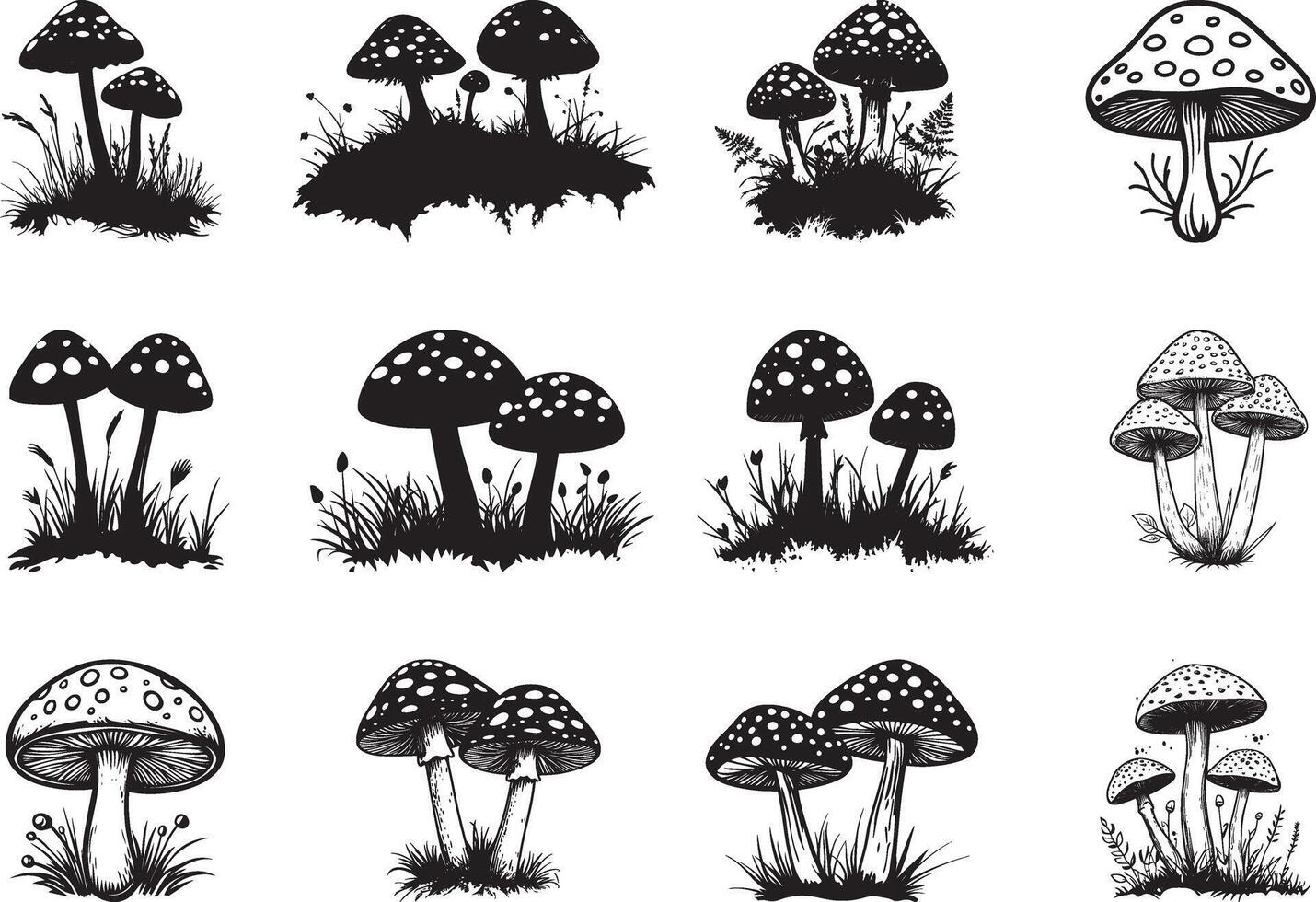 Collection of Red fly agarics in green moss clean simple silhouette black vector