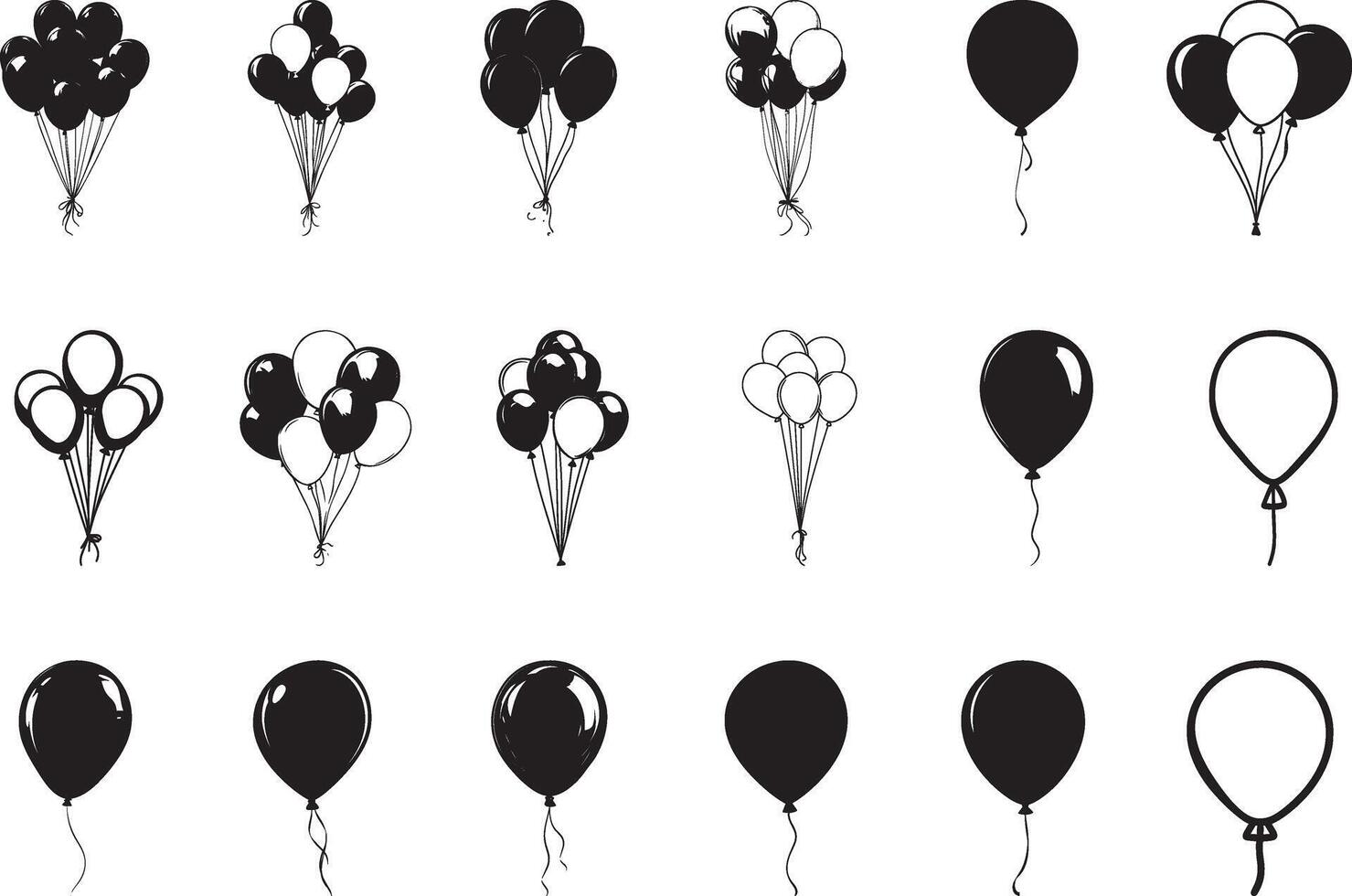 Collection of Bunch of balloons clean simple icon silhouette black vector