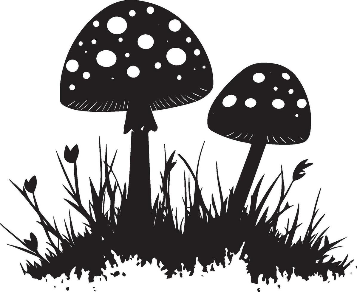 Red fly agarics in green moss clean simple icon silhouette black vector