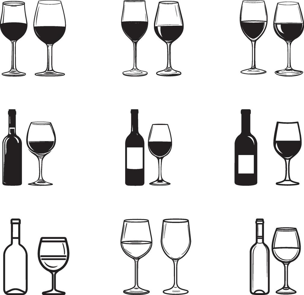 Collection of Wine and glass of wine clean simple silhouette black vector