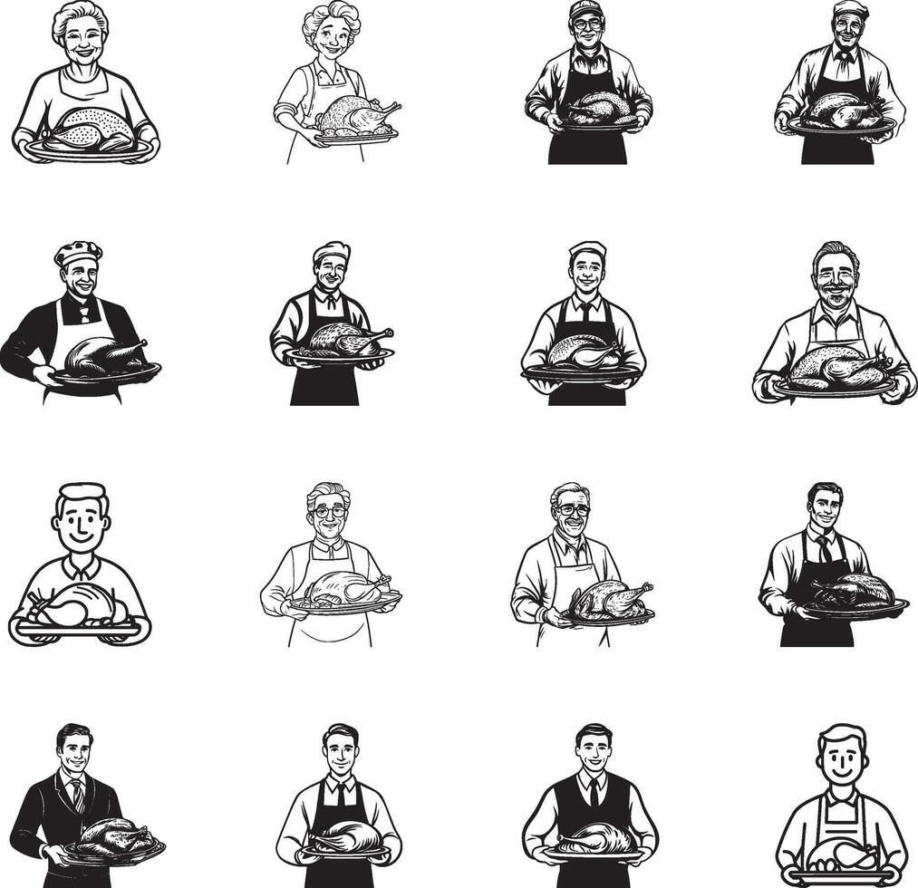 Collection of Smiling People holding a tray with roasted turkey for thanksgiving clean simple linear outline black vector
