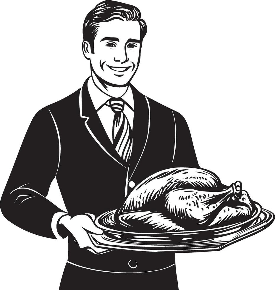 Smiling man holding a tray with roasted turkey for thanksgiving clean simple silhouette black vector