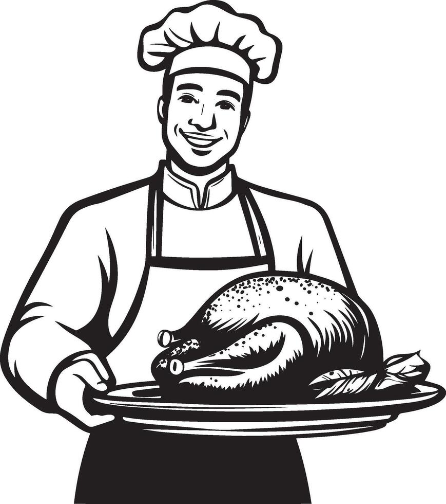 Smiling chef holding a tray with roasted turkey for thanksgiving clean simple icon silhouette black vector