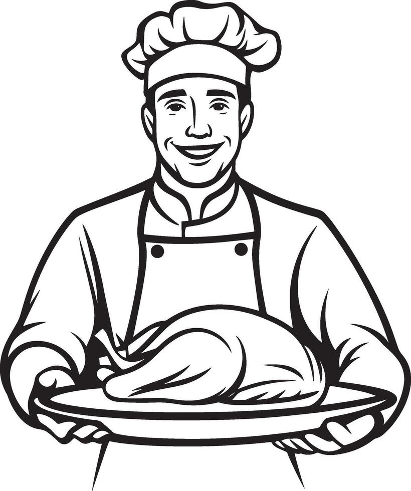 Smiling chef holding a tray with roasted turkey for thanksgiving clean simple icon outline black vector