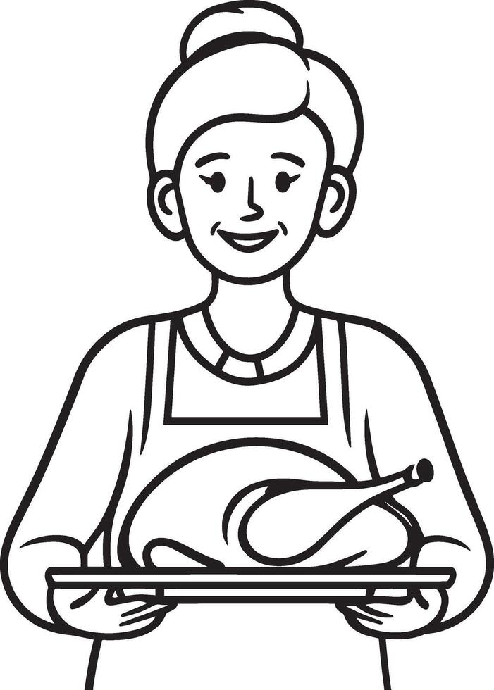 Smiling senior woman holding a tray with roasted turkey for thanksgiving clean simple icon outline black vector