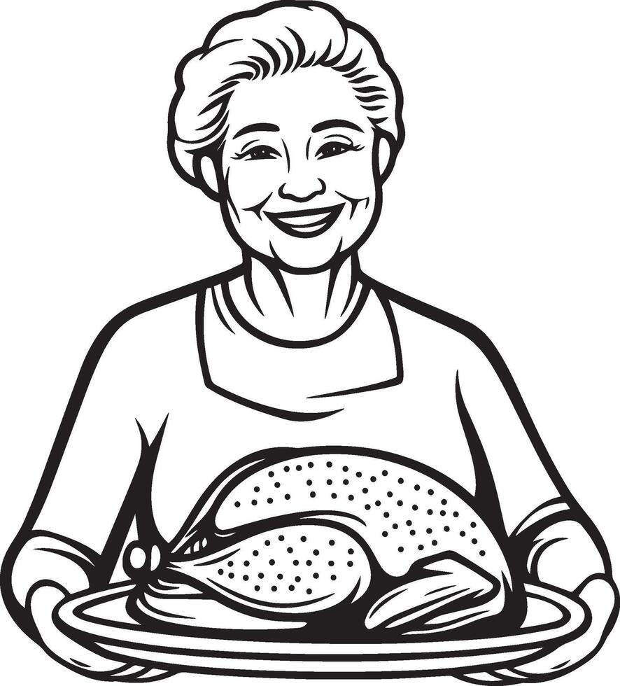 Smiling senior woman holding a tray with roasted turkey for thanksgiving clean simple linear outline black vector