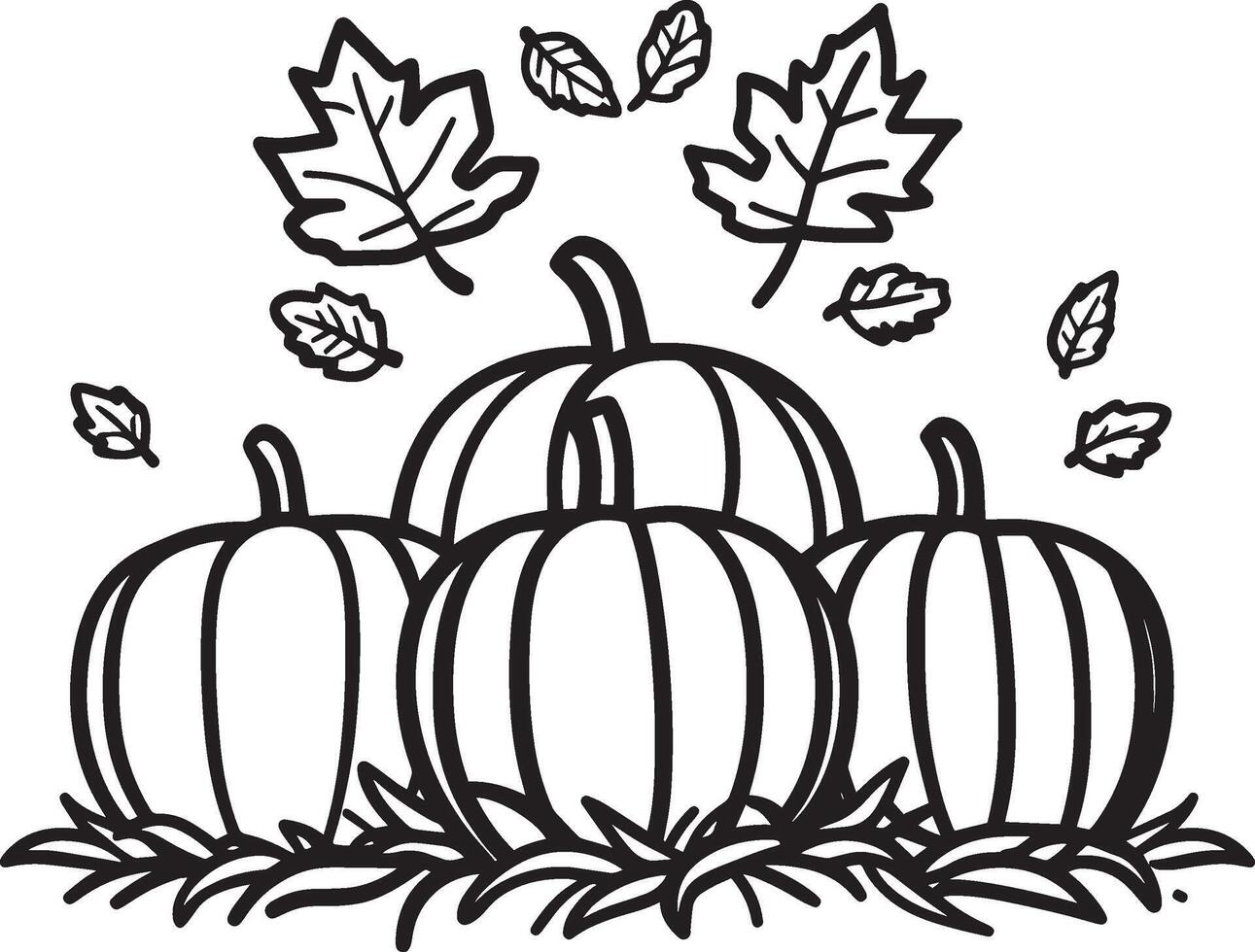 Pumpkins on hay bale with autumn leaves clean simple icon outline black vector