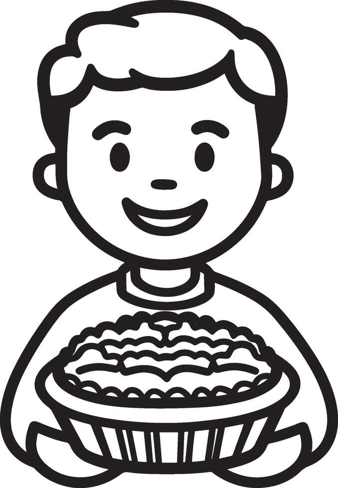 Smiling man holding pumpkin pie for thanksgiving clean simple icon outline black vector