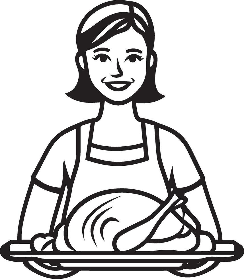 Smiling woman holding a tray with roasted turkey for thanksgiving clean simple icon outline black vector