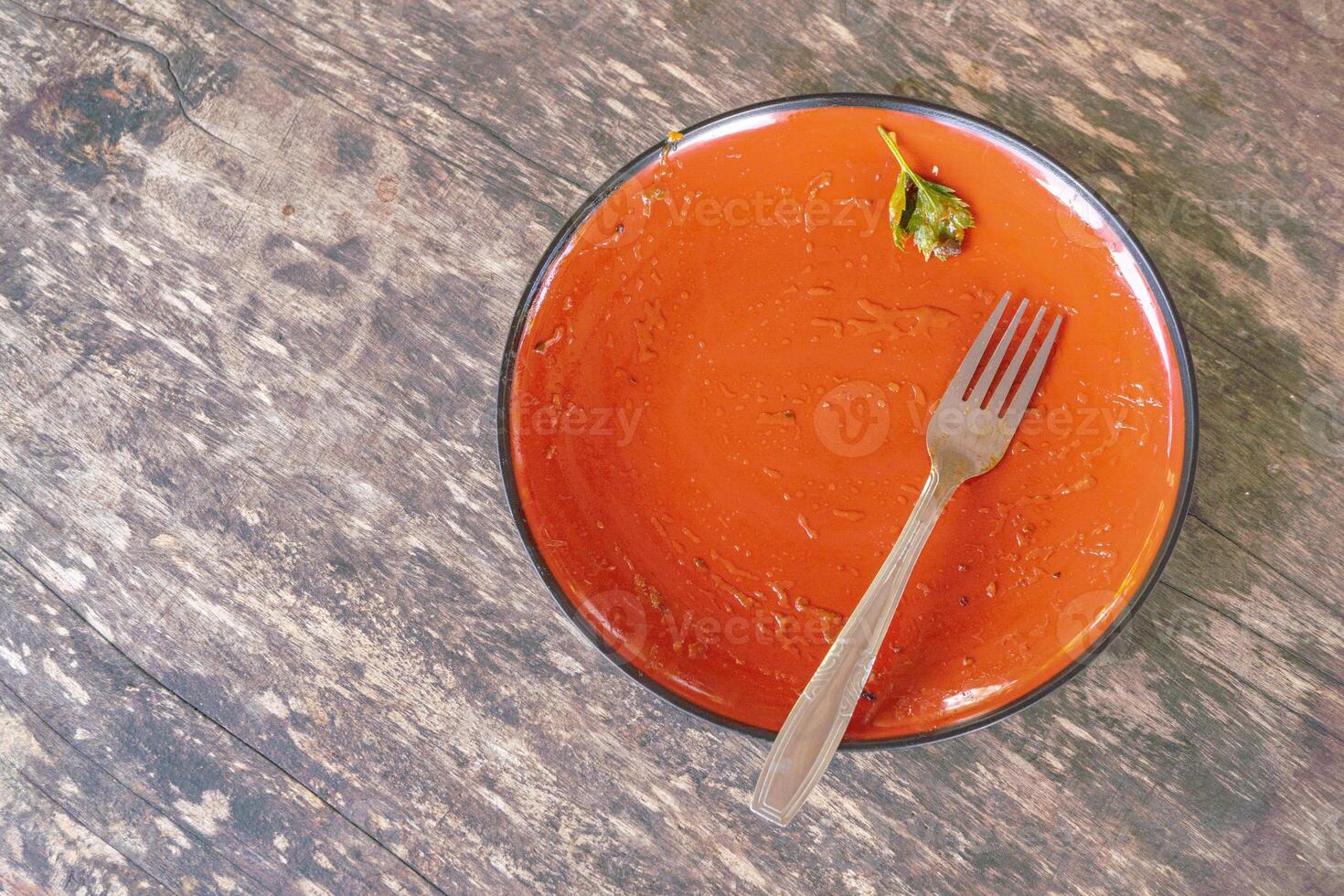 Empty Plate with Fork on Wooden Table photo