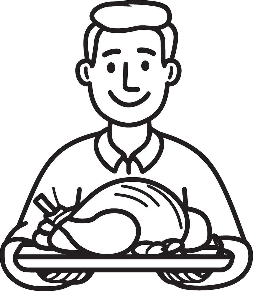 Smiling senior man holding a tray with roasted turkey for thanksgiving clean simple icon outline black vector