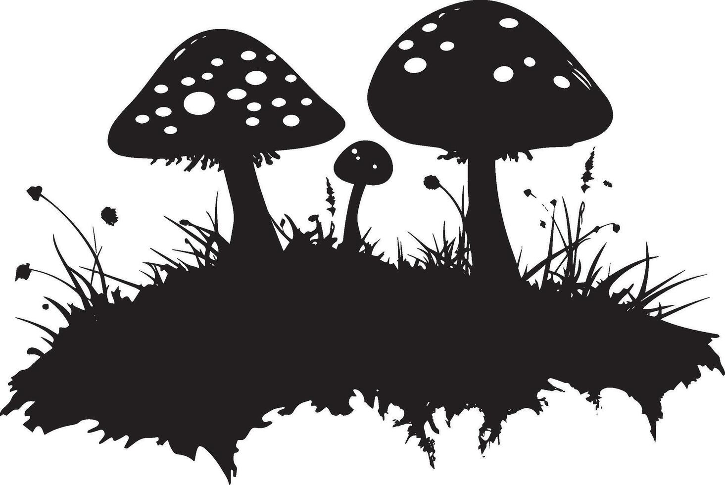 Red fly agarics in green moss clean simple silhouette black vector