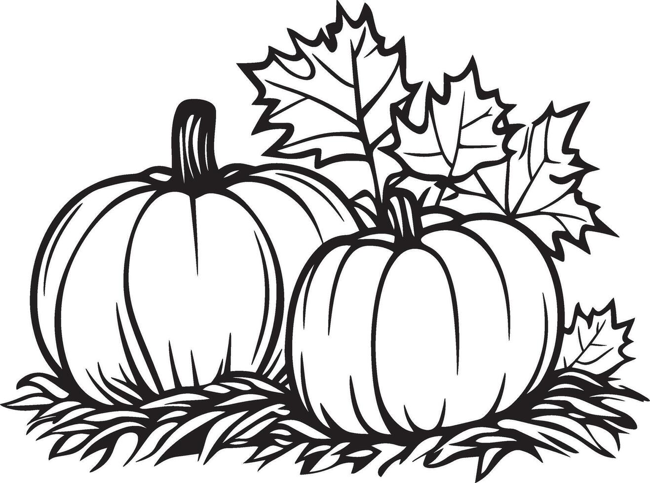 Pumpkins on hay bale with autumn leaves clean simple icon outline black vector