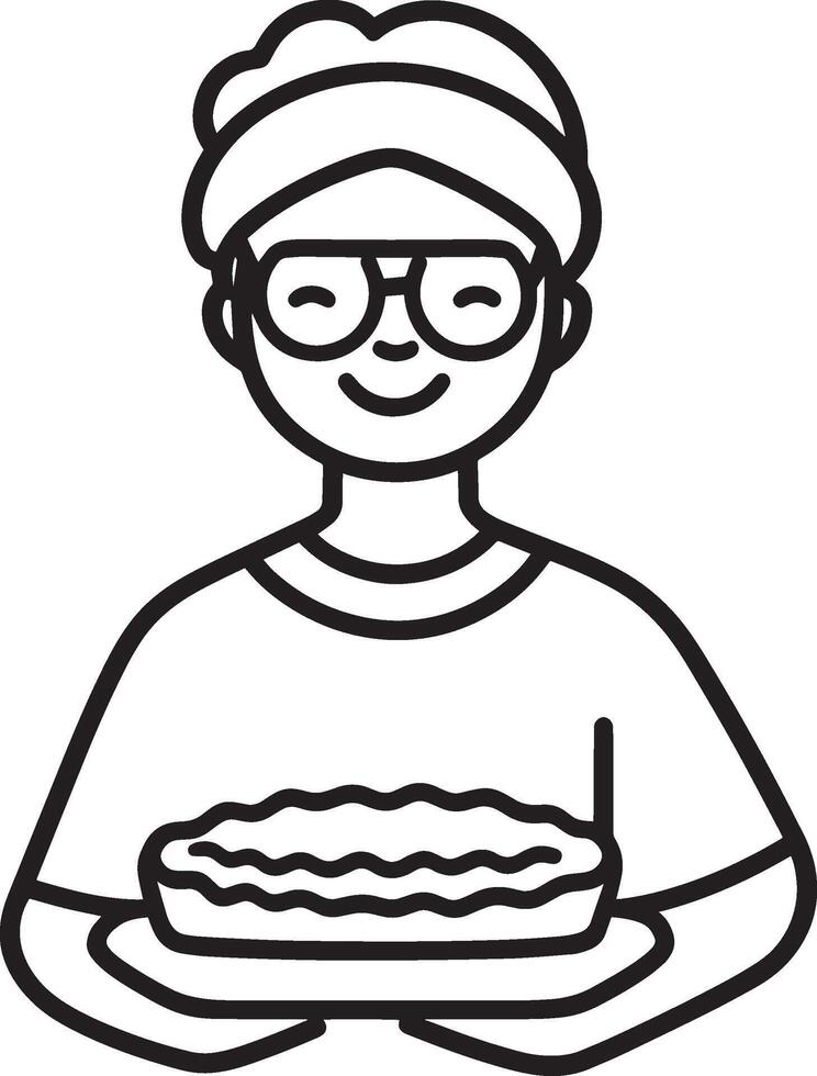 Smiling senior woman holding pumpkin pie for thanksgiving clean simple icon outline black vector