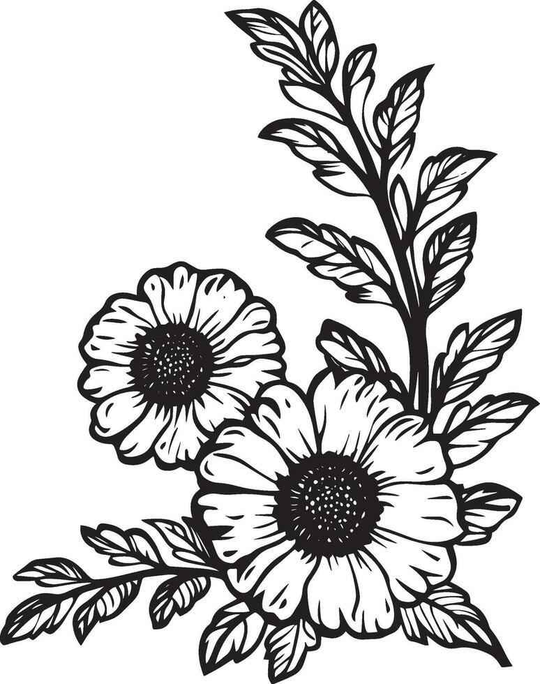 Corner style of marigold flowers clean simple icon outline black vector