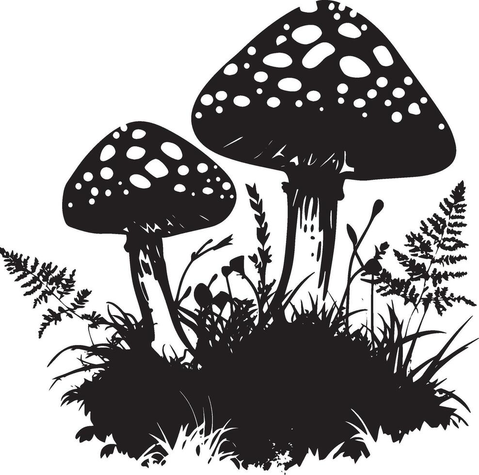 Red fly agarics in green moss clean simple silhouette black vector