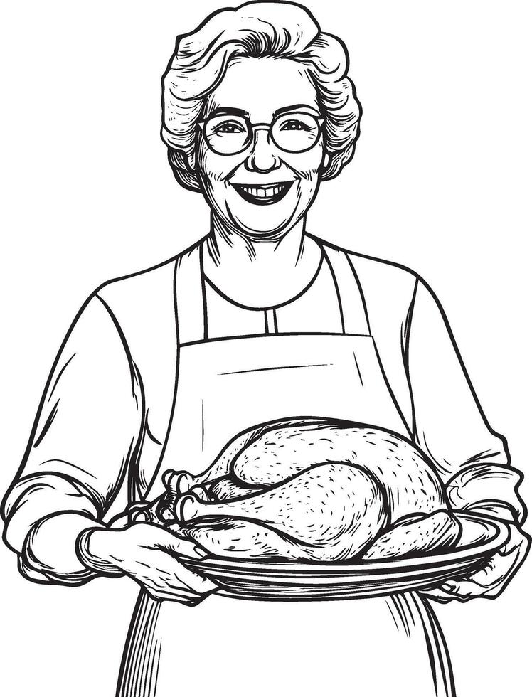 Smiling senior woman holding a tray with roasted turkey for thanksgiving clean simple linear outline black vector