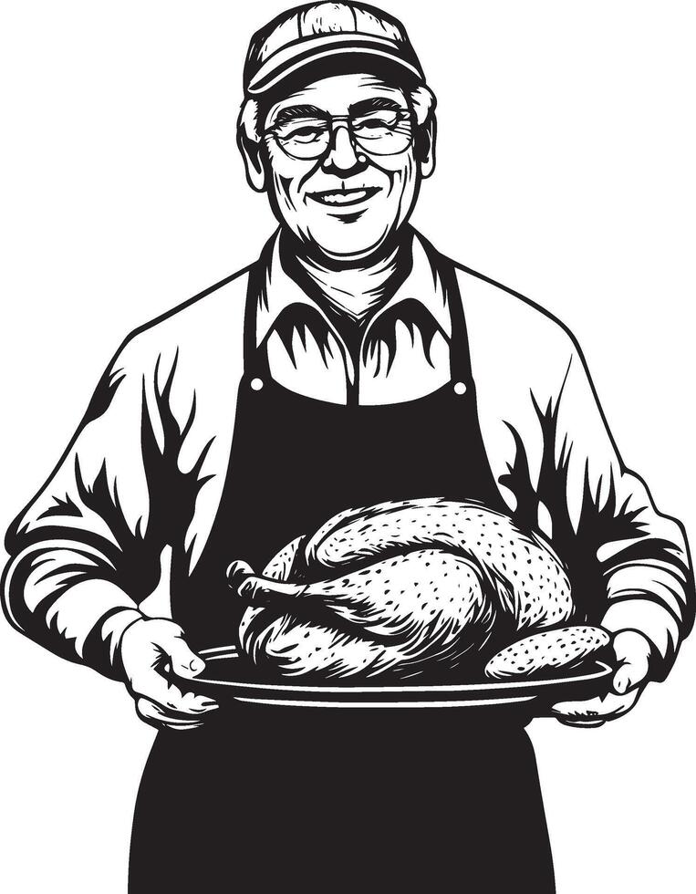 Smiling senior man holding a tray with roasted turkey for thanksgiving clean simple silhouette black vector