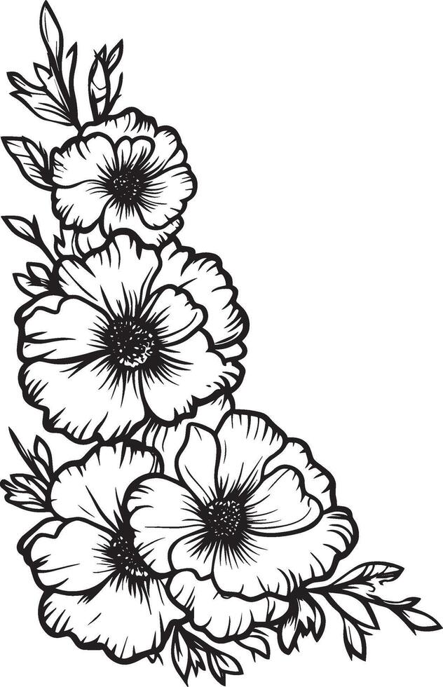 Corner style of marigold flowers clean simple linear outline black vector