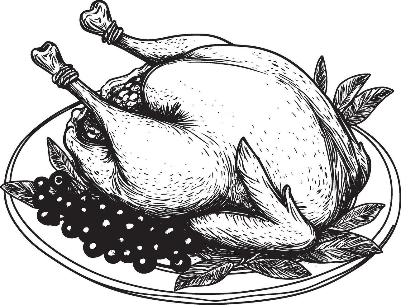 Plate Roasted turkey garnished with red berries and sage leaves clean simple linear outline black vector