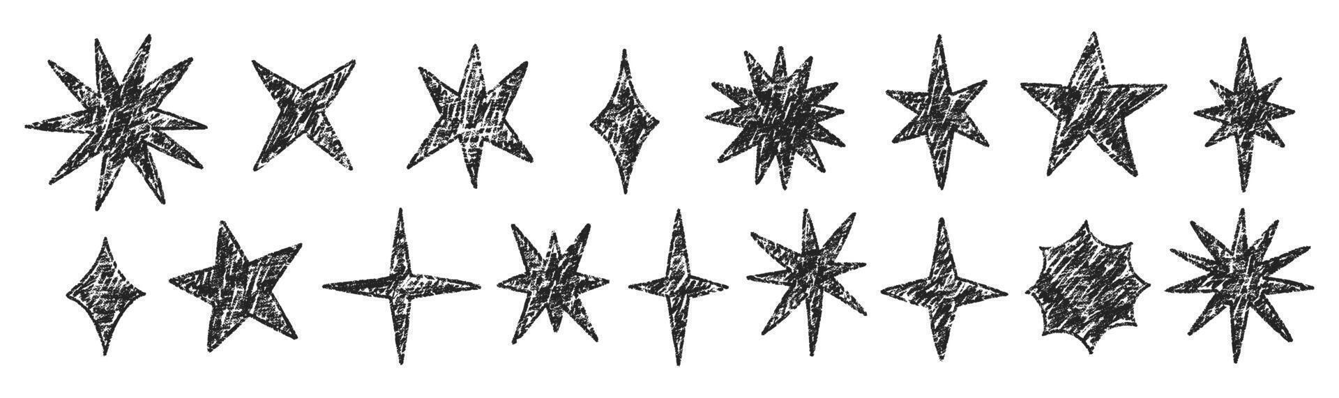 Crayon twinkle, blink, firework, stars and glowing symbols in hand drawn style. Grunge chalk figure on a white background. Texture illustration. vector