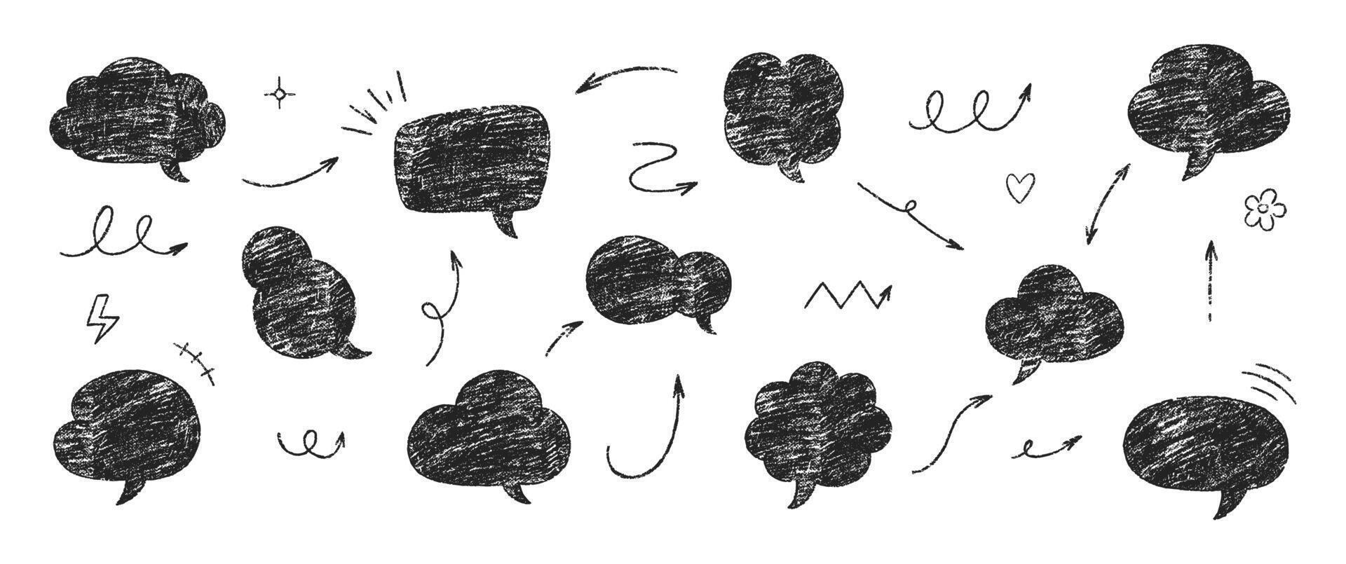 Set of text boxes and speech bubbles with crayon or chalk texture. Shapes and arrows. Japan handwritten illustration on a white background. vector