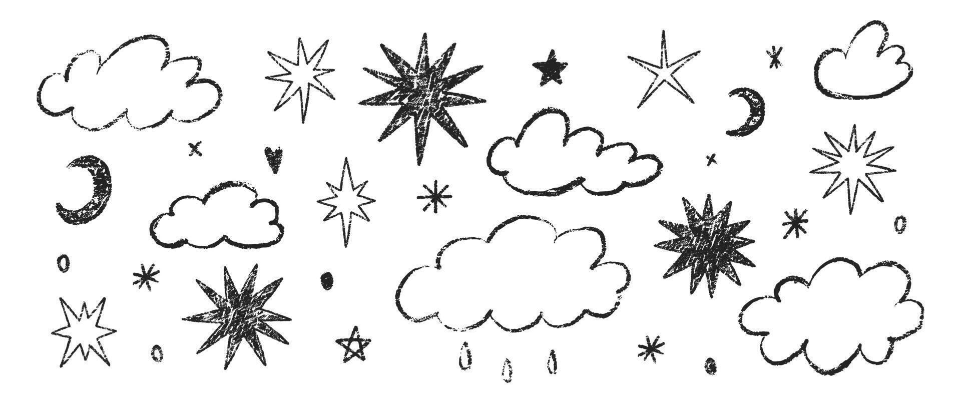 Set of crayon clouds, stars and moon. Hand drawn black kids crayon illustration isolated on white background. vector