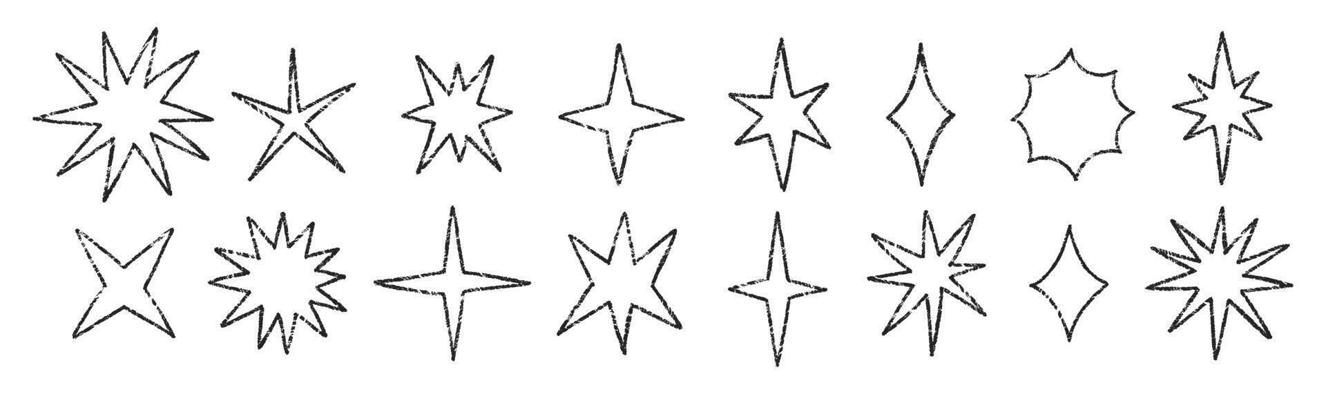 Crayon stars and glowing symbols in sketch style. Grunge comic figure on a white background. Texture illustration. vector