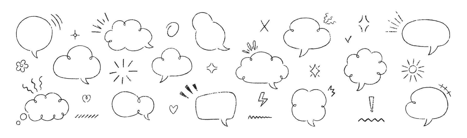Set of hand drawn crayon, charcoal, chalk speech bubbles. Outline text boxes with emphasis. Japan handwritten illustration on a white background. vector