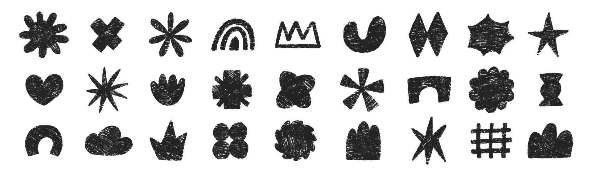 Set of hand drawn funky shapes of heart, flower, star, cloud with crayon or chalk texture. Doodle design elements for school. Childish illustration. vector