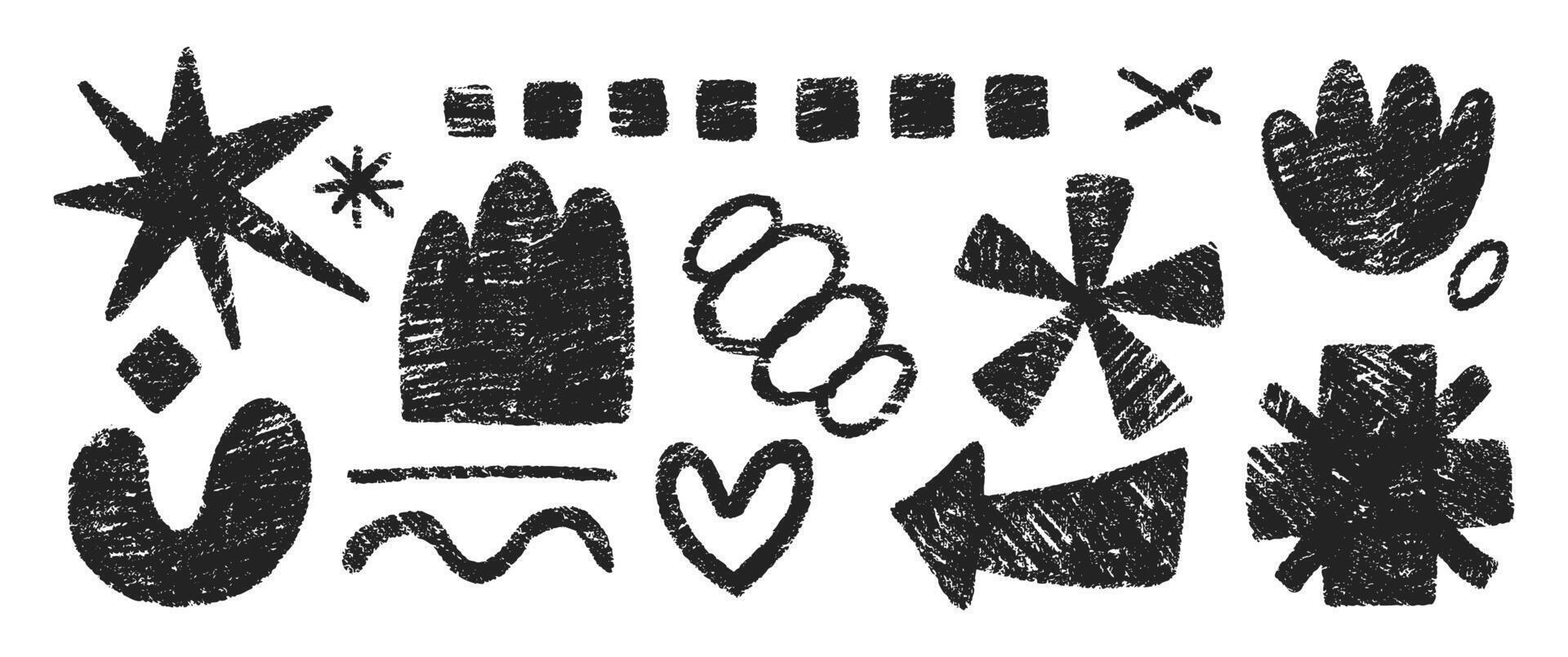 Hand drawn pencil doodles, squiggles and star. Abstract funky shapes and arrow with crayon or chalk texture. Childish illustration. vector