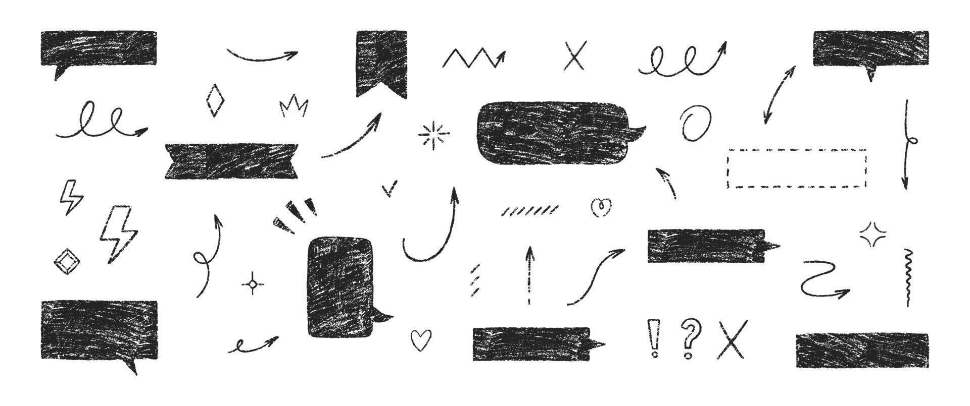 Set of text boxes, lightning, exclamation, cross and speech bubbles with crayon or chalk texture. Outline frames and arrows. Japan handwritten illustration on a white background. vector