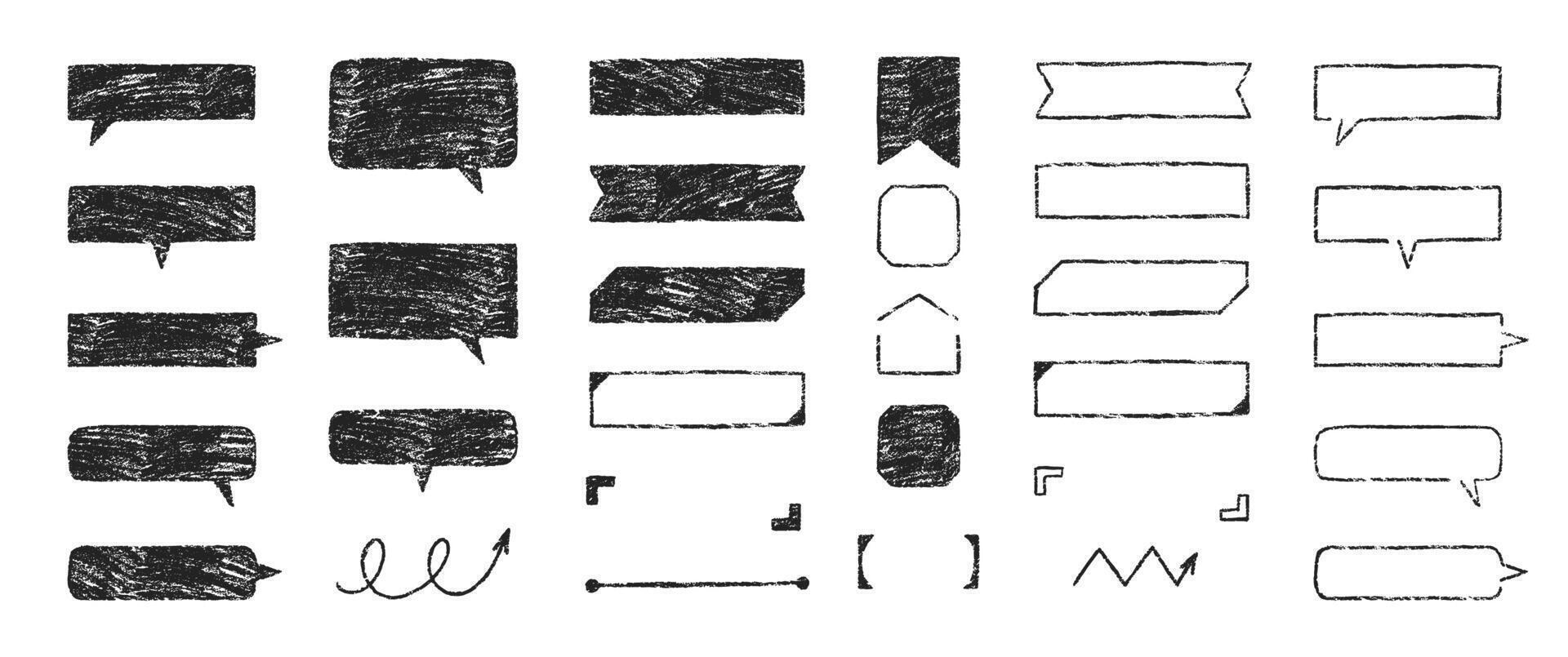 Set of text boxes and speech bubbles with crayon or chalk texture. Outline frames and arrows. Japan handwritten illustration on a white background. vector