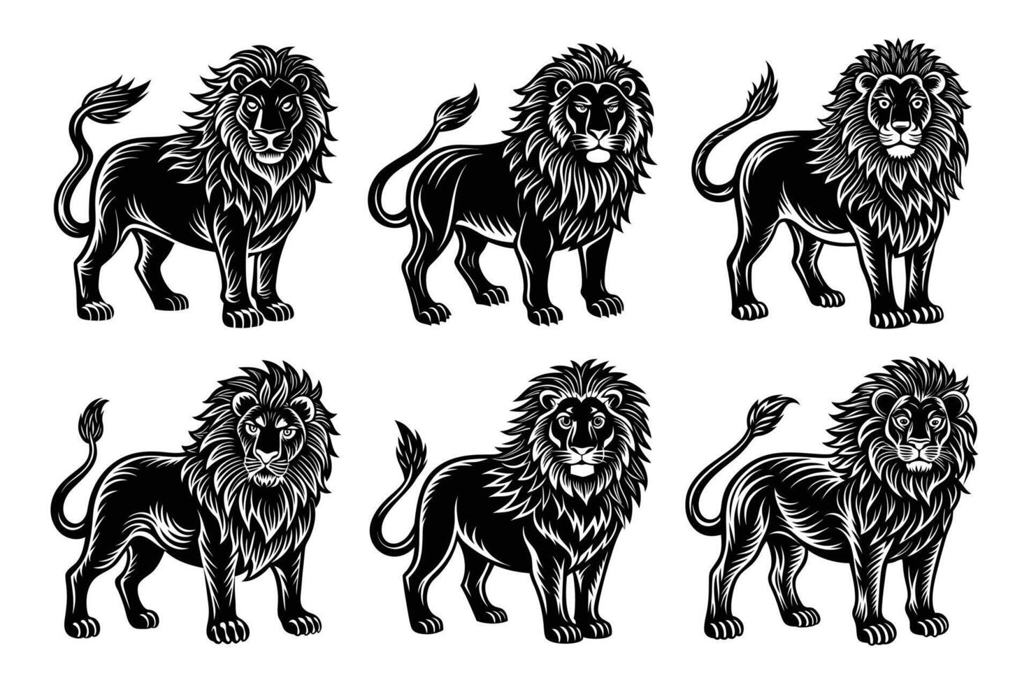Lion linocut white background silhouette style vector
