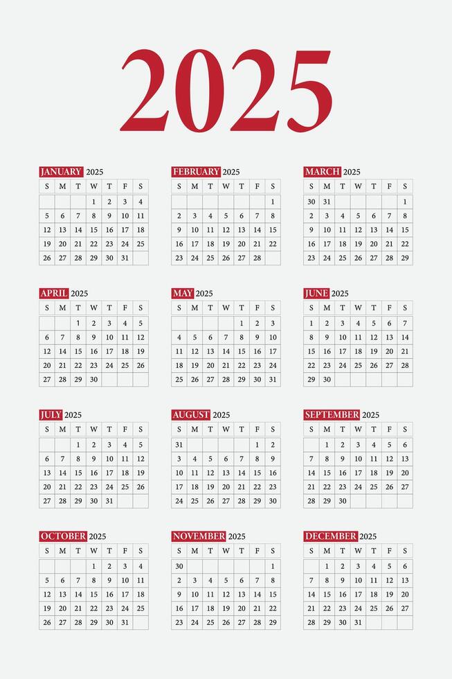 Calendar 2025, Calendar Set for 2025 year, Minimalist clean square layout, Calendar 2025 week start Sunday, Desk calendar 2025. vector