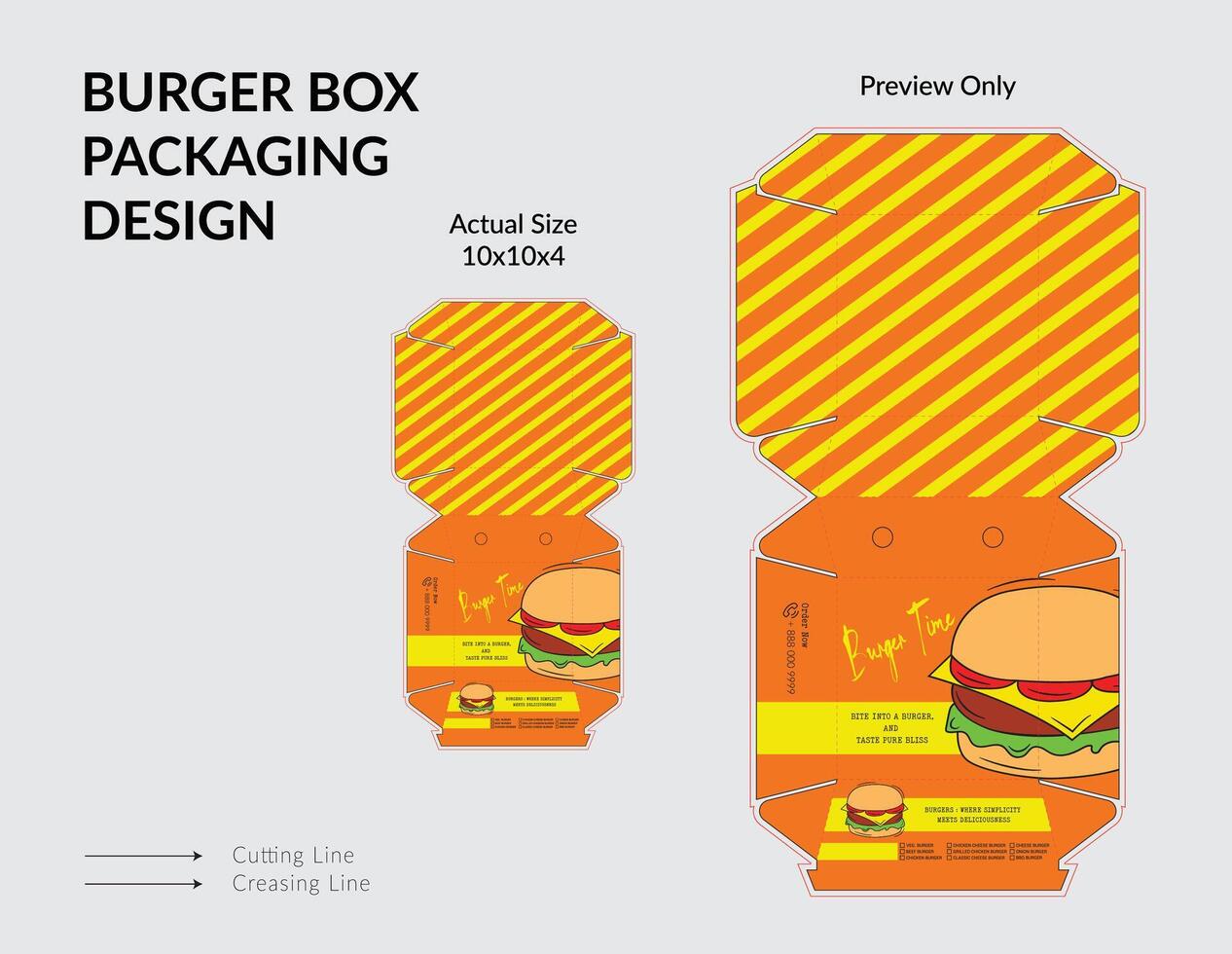 Burger Box Design, Burger box packaging template, ready for print. vector