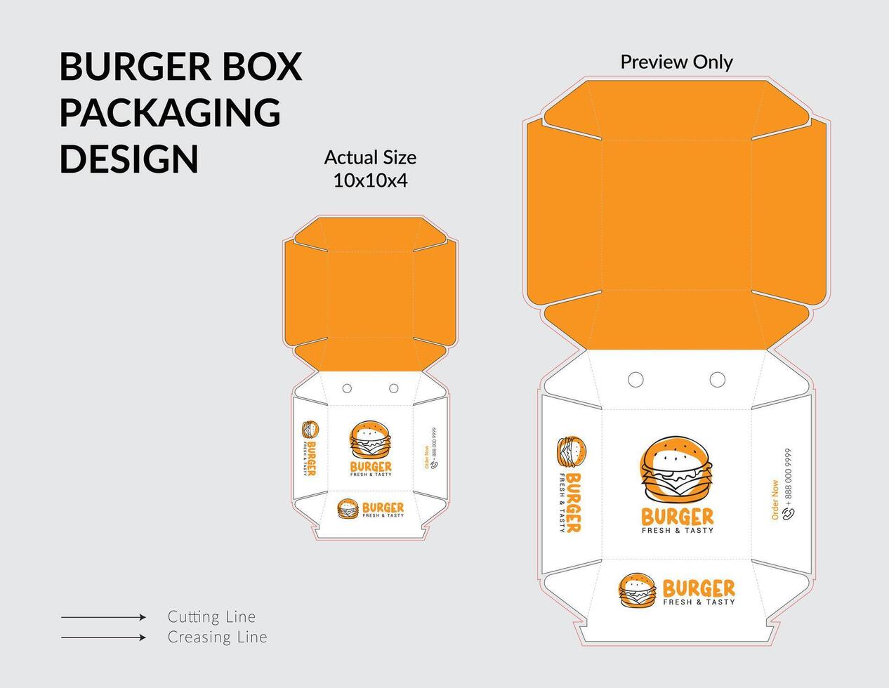 Burger Box Design, Yellow and white color Burger Box Packaging, Ready For Print. vector