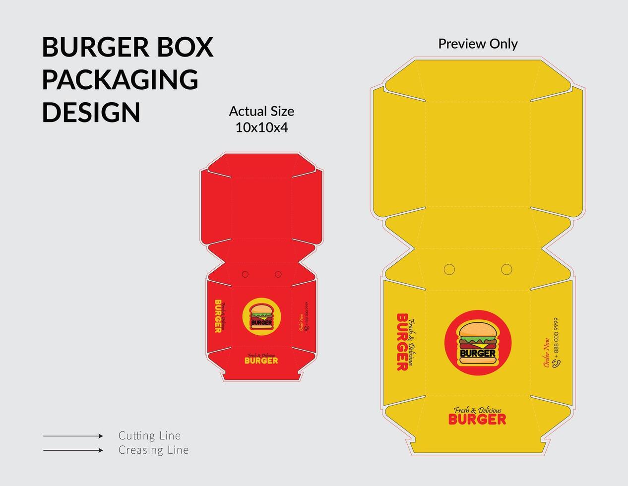 Yellow and Red Burger Box Design, Burger Box Packaging, Burger Box Die Cut Line, Ready For Print. vector