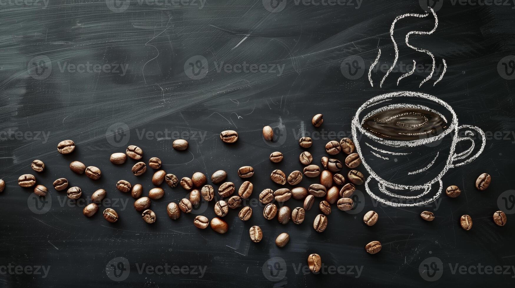 Chalk drawing of a steaming cup and coffee beans on a blackboard. Coffee cup for a breakfast in the morning. Hot drink in a mug. Cup Hand draw for cafe, coffee menu. photo