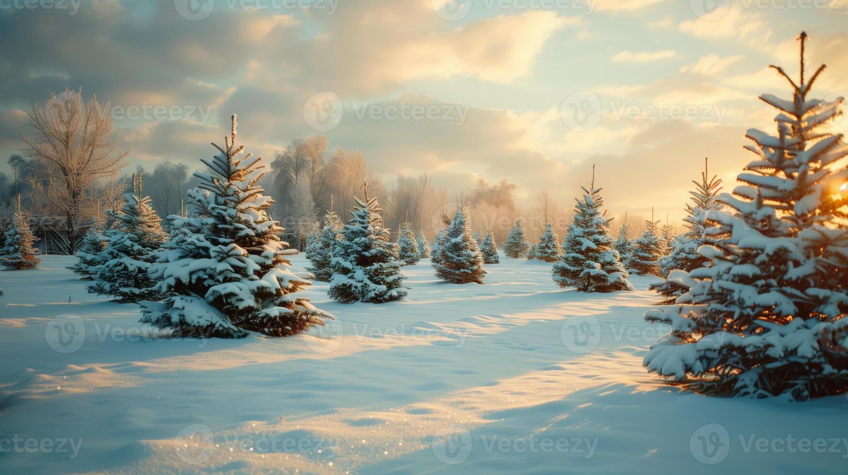 Christmas tree farm with rows of evergreen trees in a snow covered field. Beautiful natural winter background in the style of vintage color tones. photo