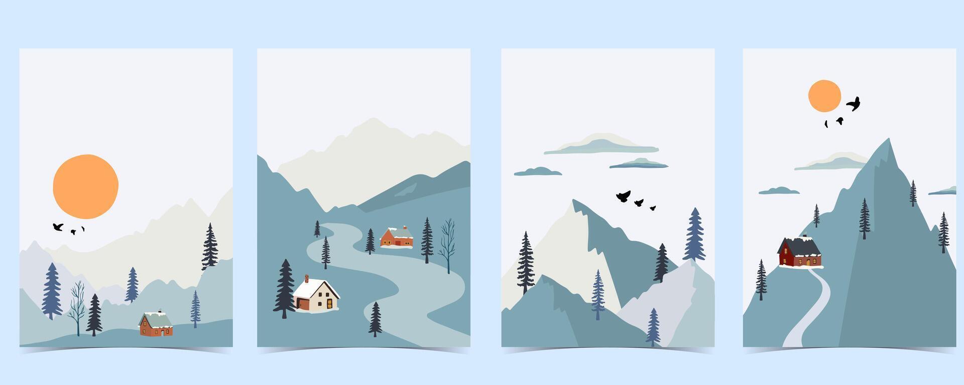 winter landscape background with mountain,sun.Editable illustration for postcard vertical size vector