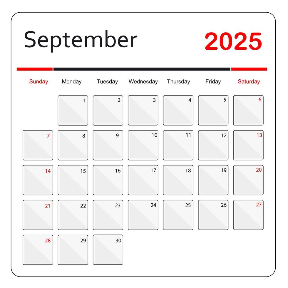 septiembre 2025 calendario. mensual calendario modelo 51286851 Vector
